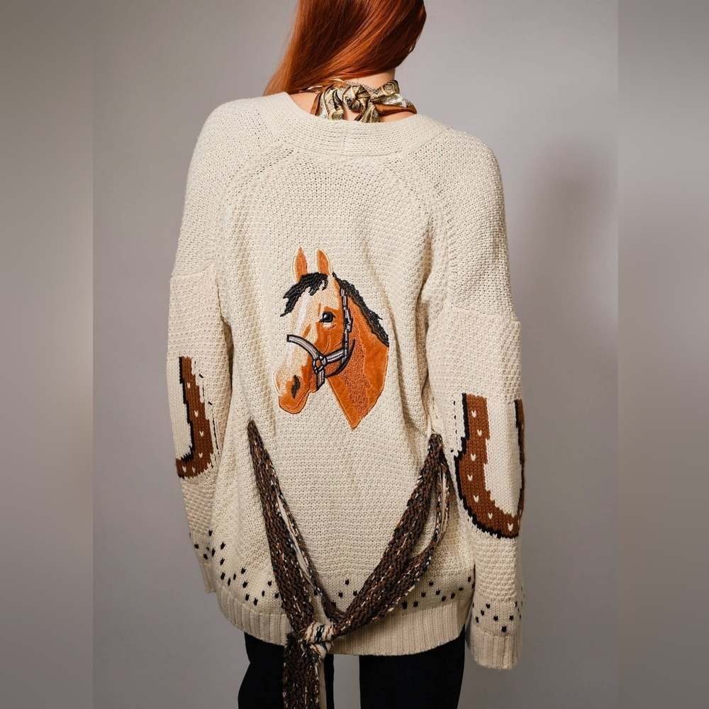 NWT Lucky And Blessed Western Embroidered Horse Belted Cardigan Sweater
